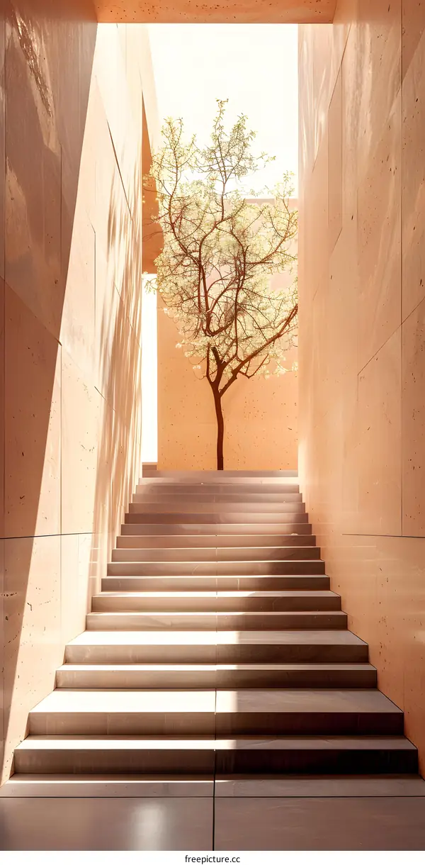 Stone Stairs and Tree in a Modern Building