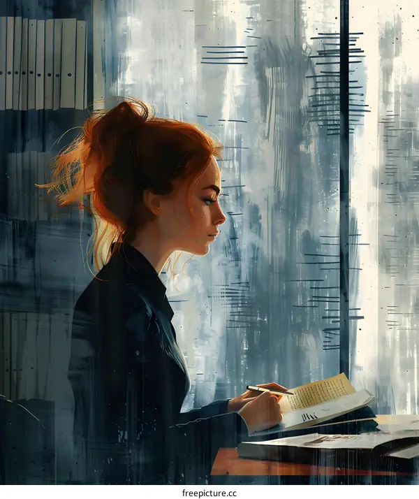 A woman is writing in her journal while sitting at her desk