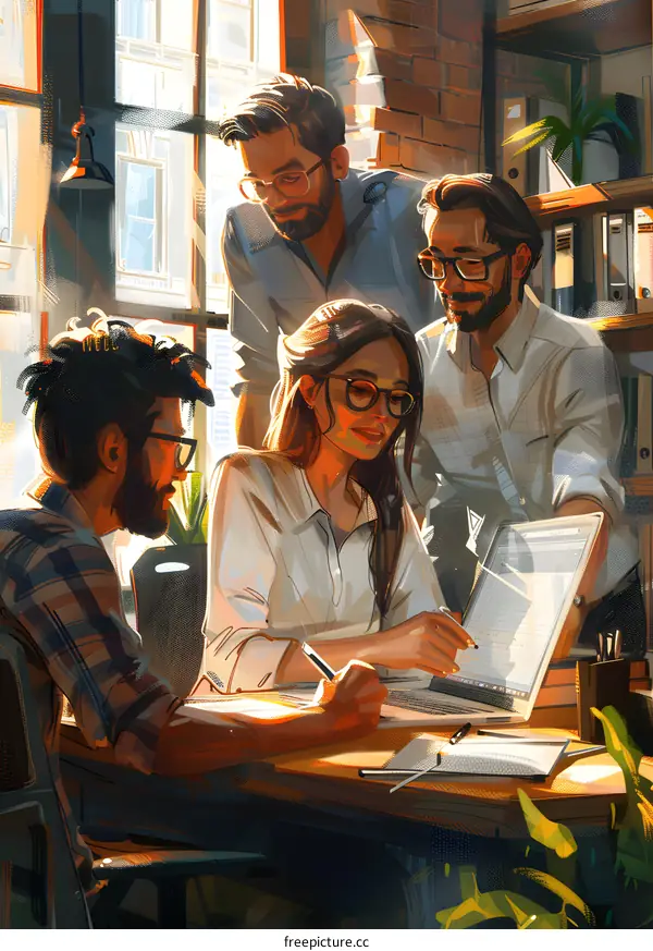 Four People in an Office Space Collaborating on a Project