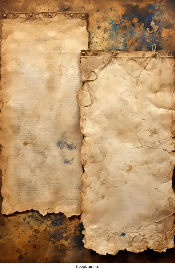 Two sheets of old parchment paper with torn edges and tied together with a piece of rope