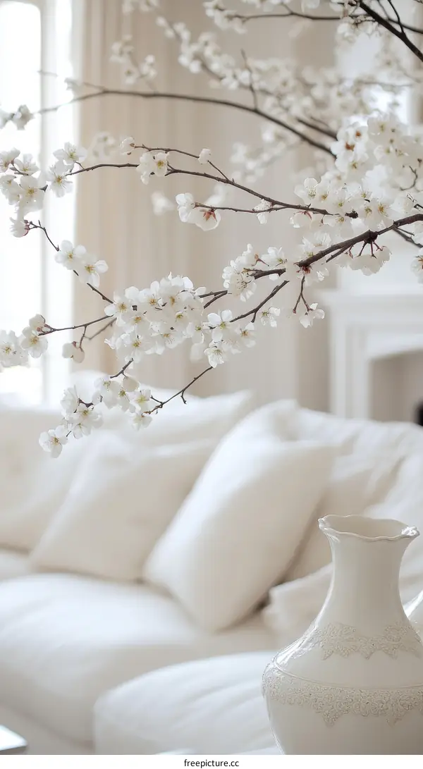 Elegant White Living Room Decor with Blossoms