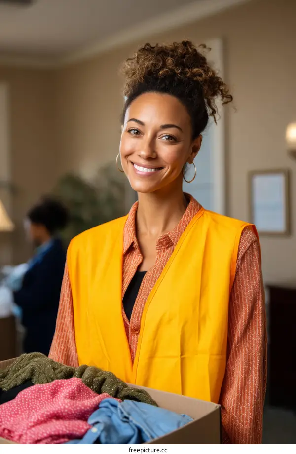 Volunteer Holding Donation Box with Clothes