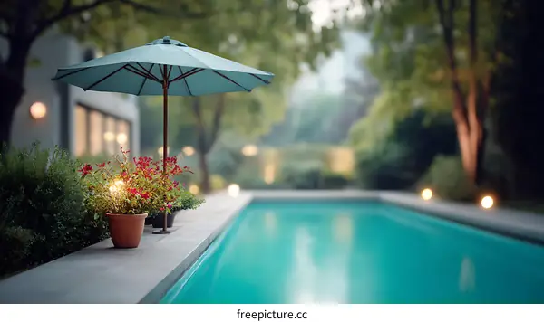 Swimming Pool Backyard Patio Evening Scene