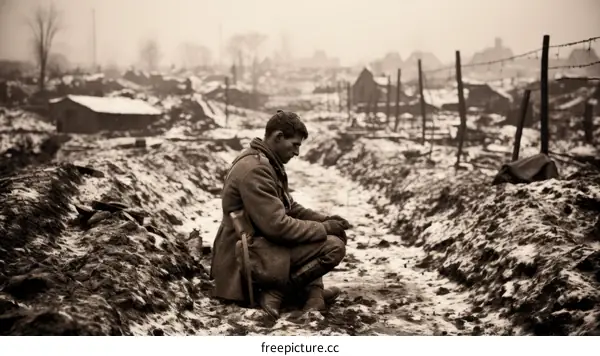 A World War I soldier sits in the ruins of a destroyed village