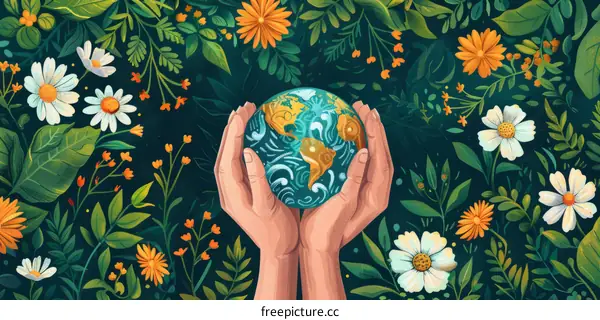 Earth in Hands Surrounded by Flowers