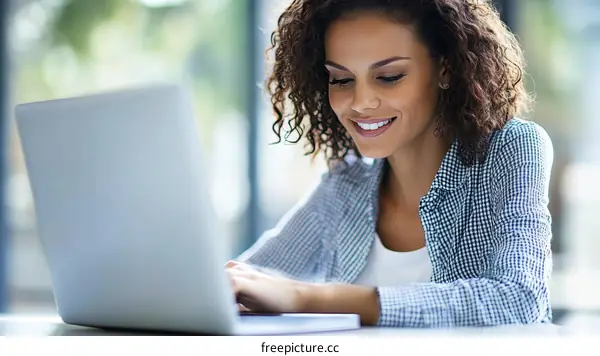 Young Woman Working on Laptop in Cafe