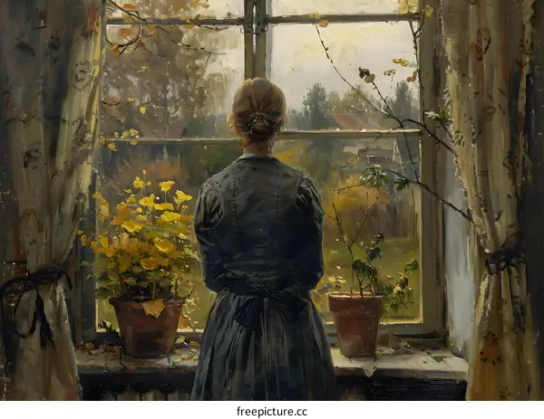 Woman Standing by Window Looking Out at Garden Scene