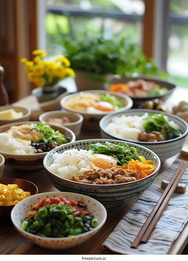 A delicious Japanese breakfast with a variety of dishes