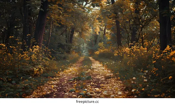 Autumn Forest Path with Sunlight Filtering Through Trees