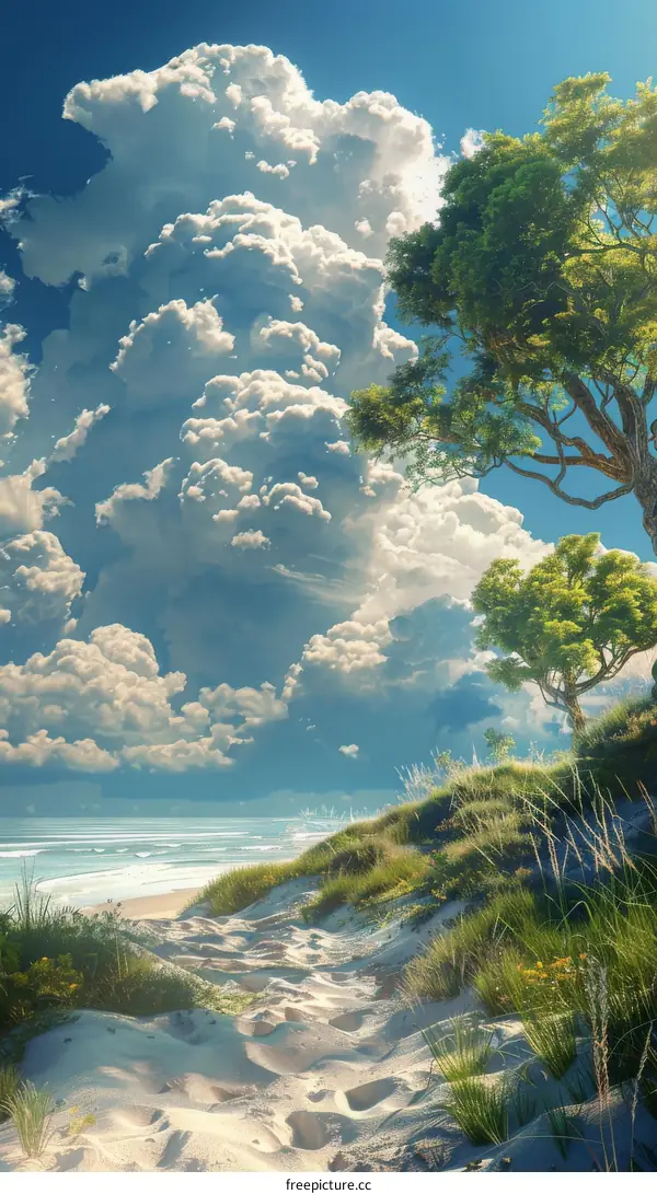 fantasy landscape with a large tree and a sandy beach
