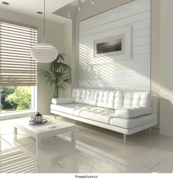 White sofa in the living room with white walls and large windows