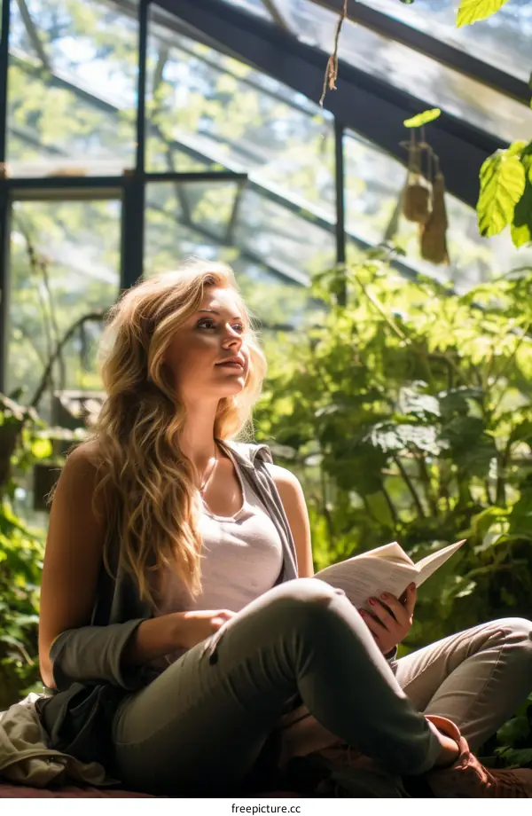 Young woman reading a book in a greenhouse