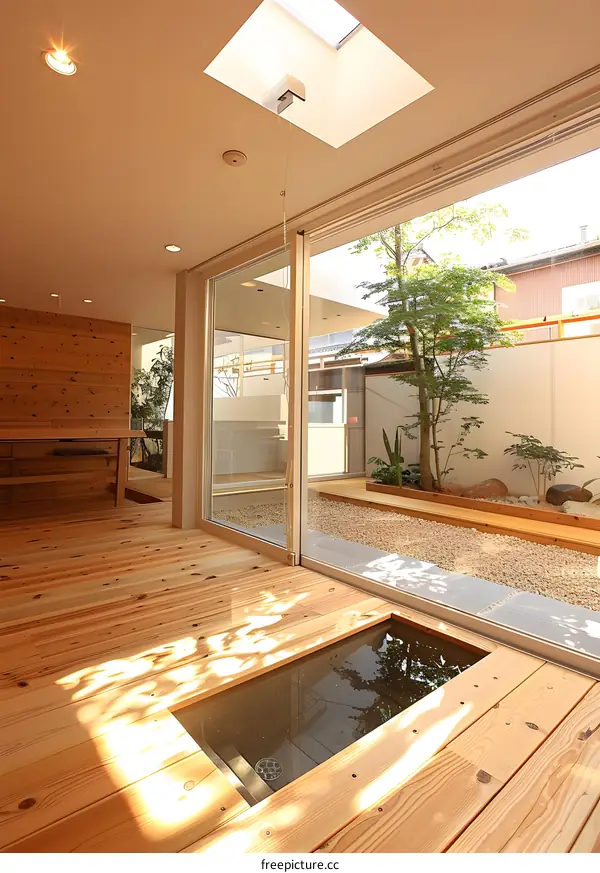 Modern Japanese Style House Interior with Wooden Flooring and a Courtyard View