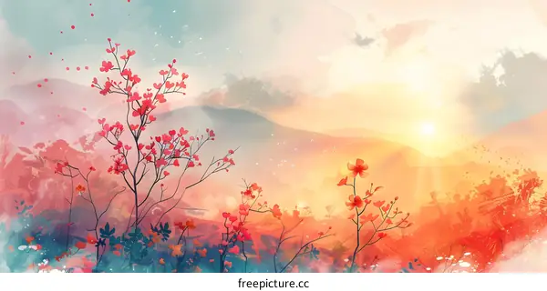 Cherry blossoms bloom on a hillside at sunset