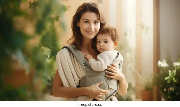 A mother is carrying her baby in a baby carrier