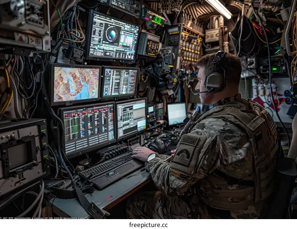 Soldier using a computer in a military vehicle