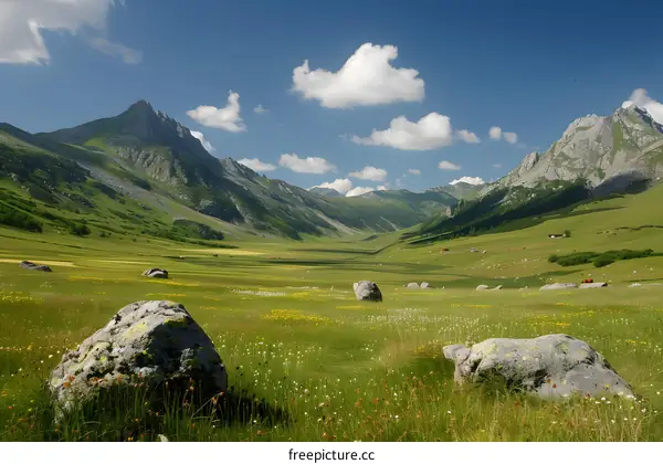 Alpine valley with blooming flowers and green meadows