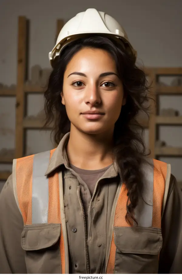 Portrait of a young female construction worker wearing a hard hat and safety vest