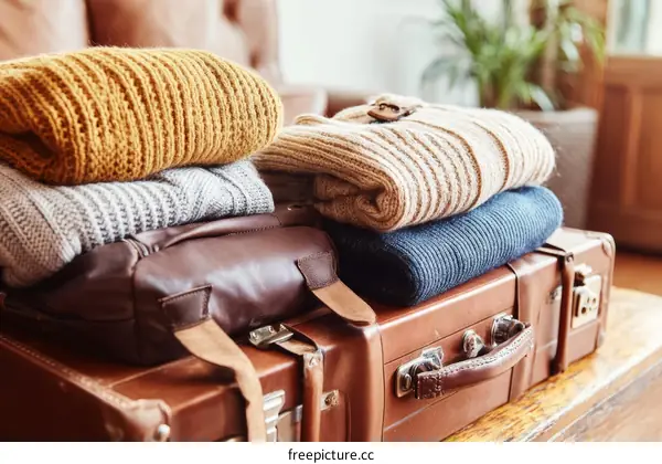 Folded Sweaters on Vintage Suitcase