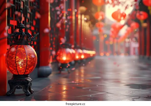 Chinese New Year Decorations with Red Lanterns and Falling Petals