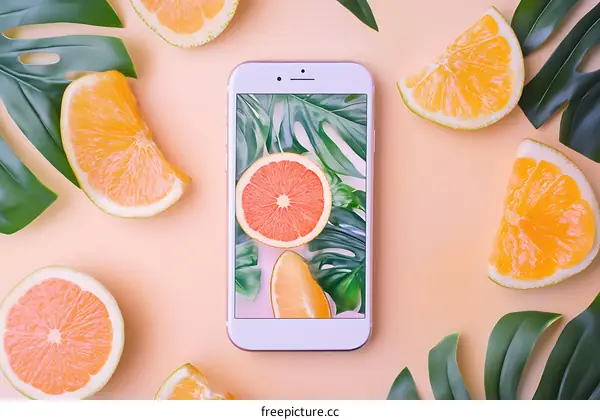 Orange Slices and Phone Screen With Tropical Leaves