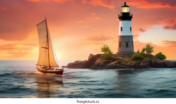 A sailboat passes a lighthouse at sunset