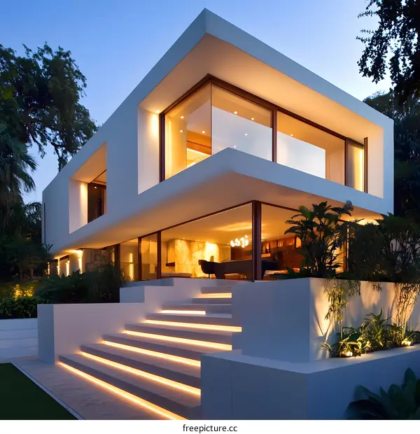Modern White House with Illuminated Stairs