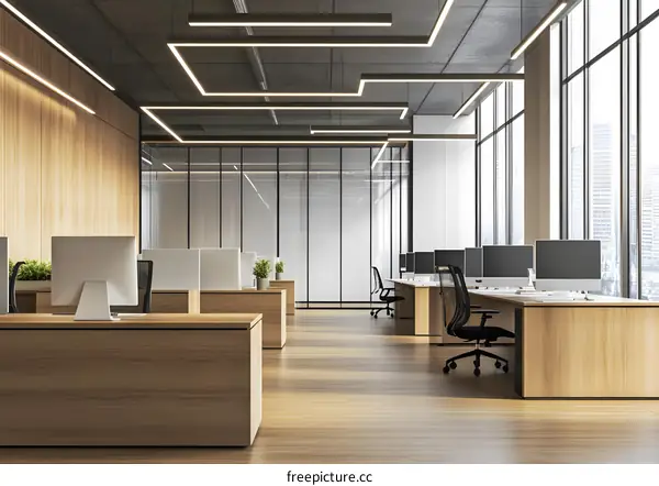 Modern Office Interior Design with Wooden Desks and Glass Walls