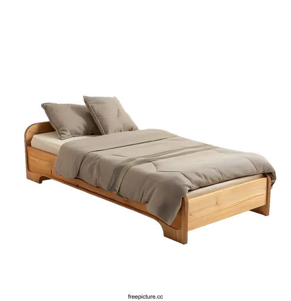 [Transparent Background PNG]Wooden Bed Frame With Beige Bedding And Two Pillows
