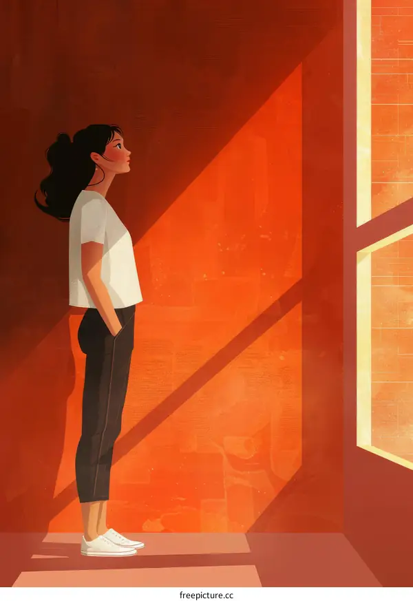 A young woman standing by the window looking outside