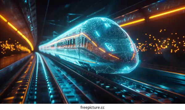 futuristic high speed train travels through tunnel