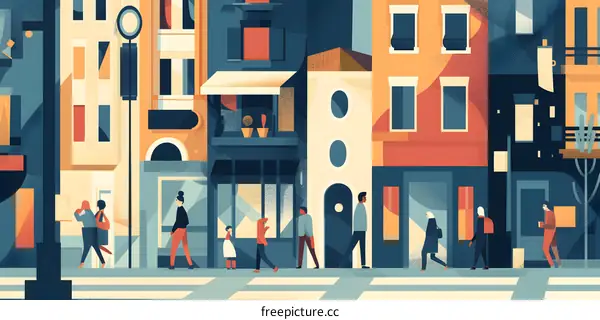 People Walking on a City Street in a Flat Style Illustration