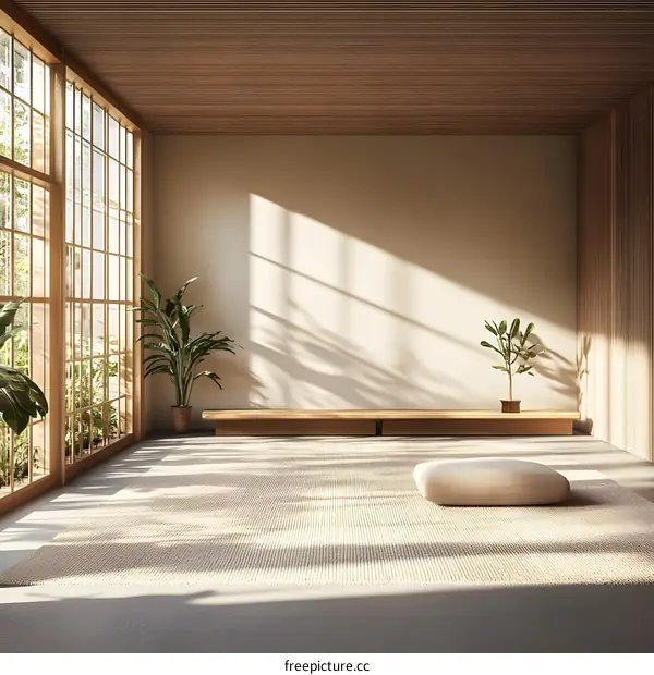 Minimalist Japanese Style Interior Design With Wooden Floor And Large Window