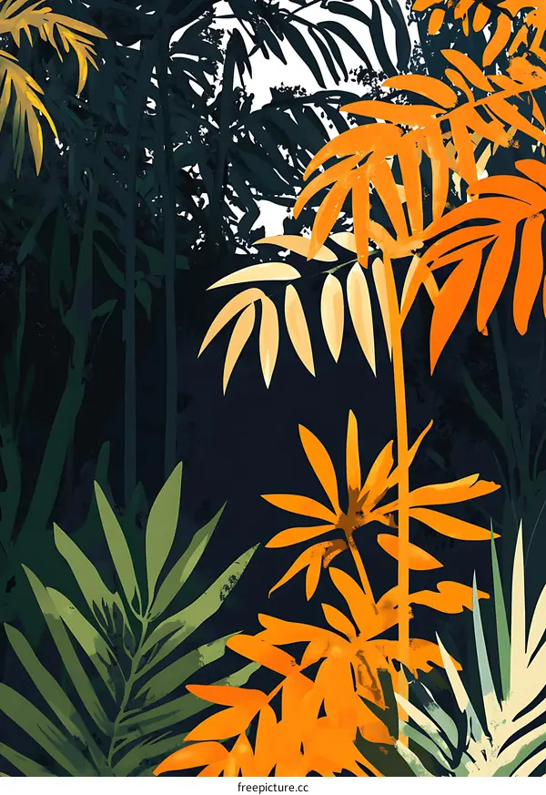 Tropical Leaves Illustration With Dark Green and Orange Colors