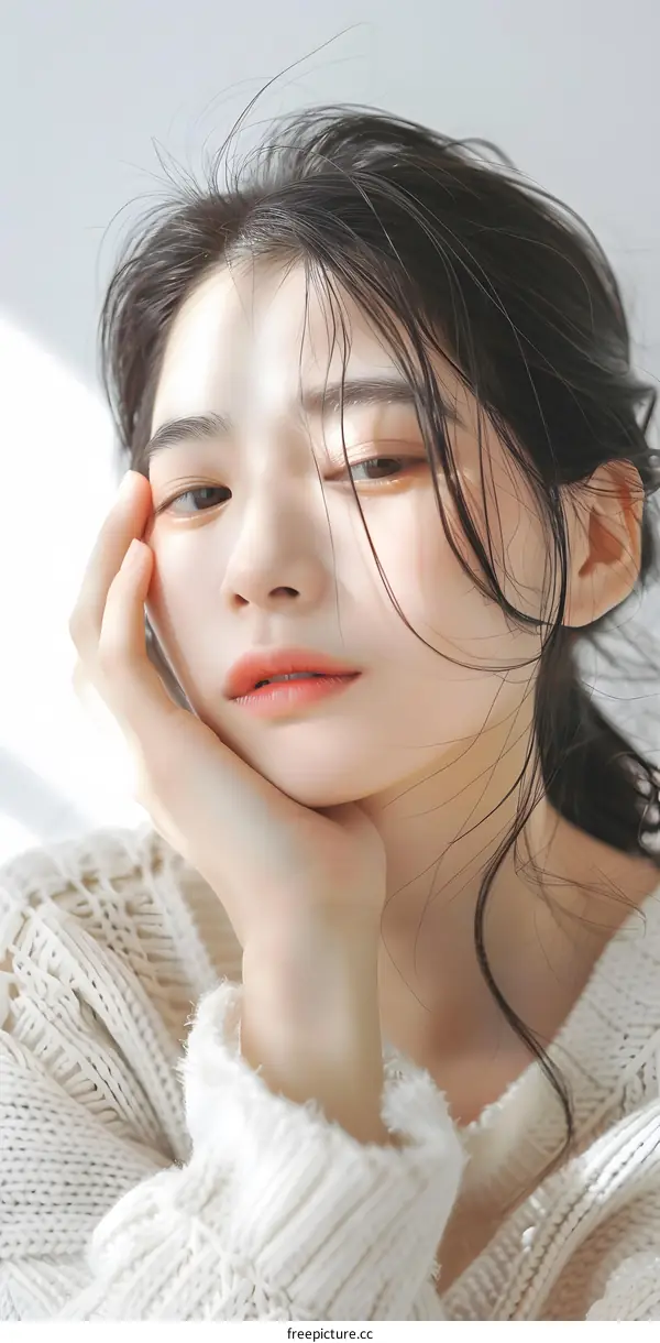 Portrait of Young Asian Woman with White Knit Sweater