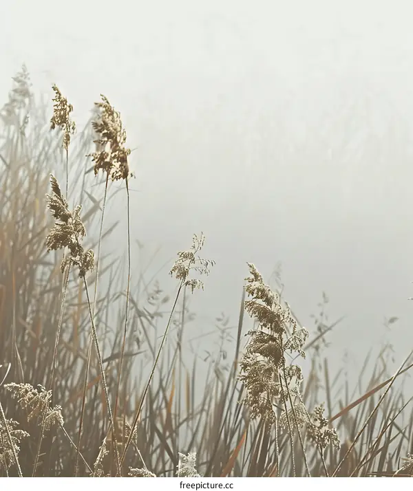 Frosted Grass In Foggy Meadow