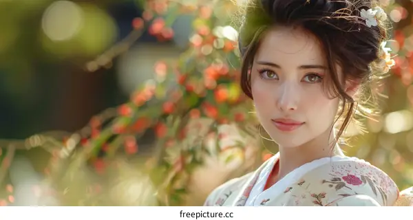 Beautiful Woman Wearing Traditional Japanese Kimono in Garden