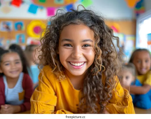 Portrait of a happy school girl with curly hair smiling at the camera