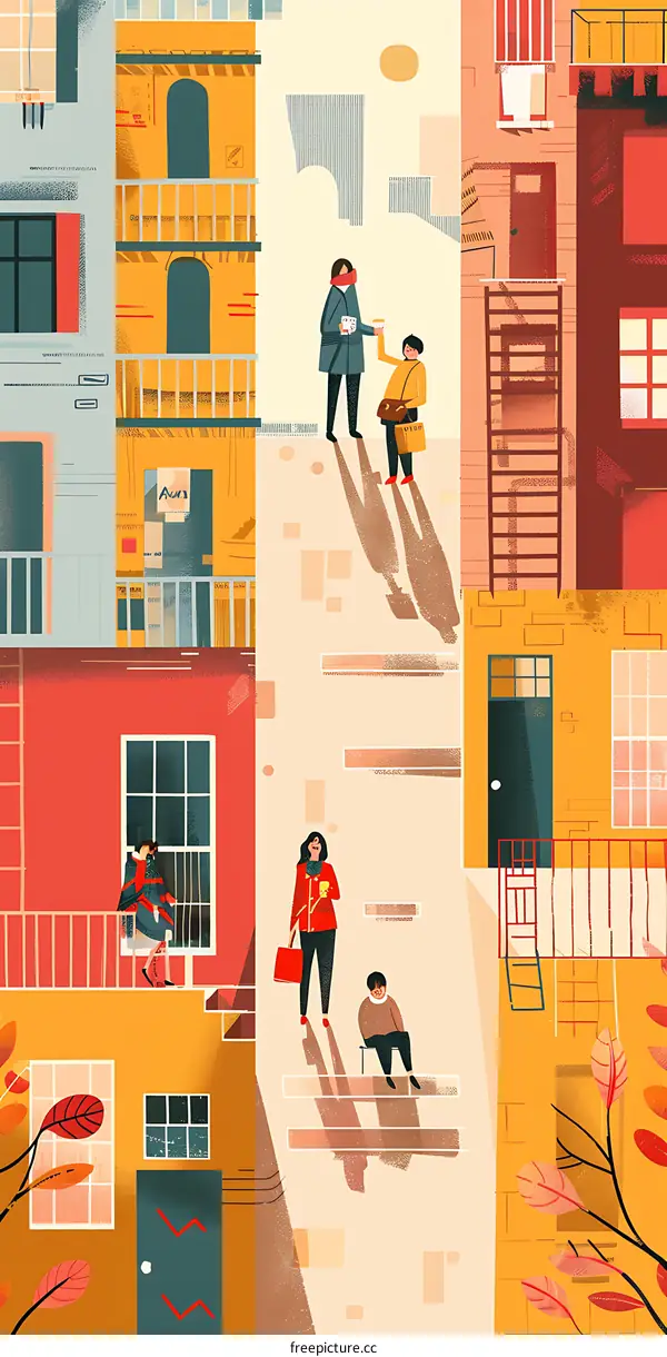 Colorful Illustration of People in City Buildings