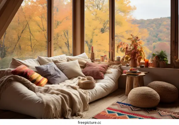 Cozy living room with a view of the fall foliage