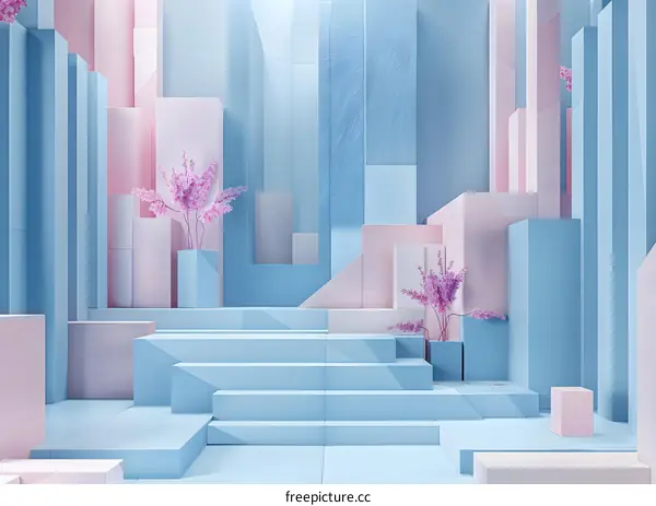 Abstract Pastel Blue and Pink Geometric Shapes Background with Floral Accent