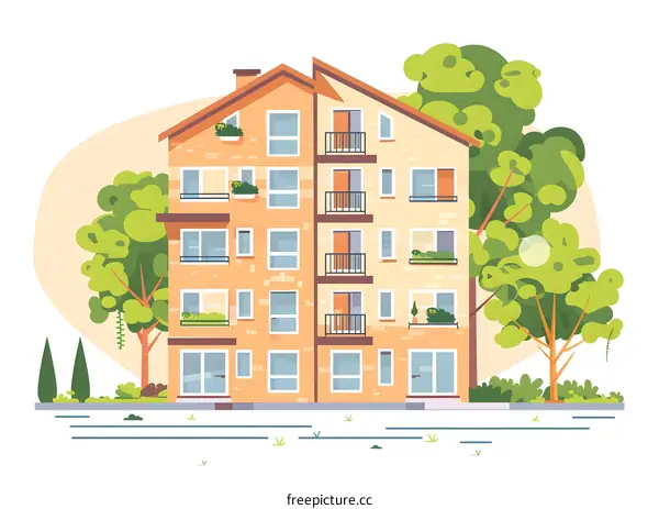 Modern Apartment Building Illustration With Green Trees