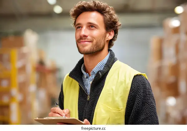 Warehouse Worker Checking Inventory in a Large Distribution Center