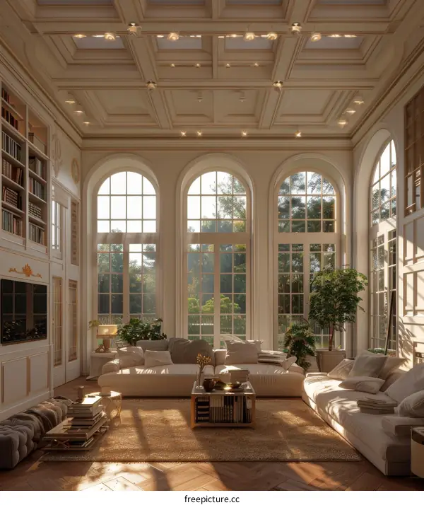 Modern Sunlit Living Room with Large Arched Windows