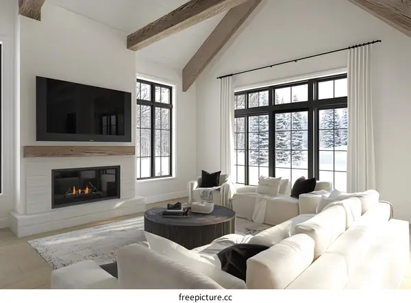 Modern Living Room Interior Design with Fireplace and Large Windows