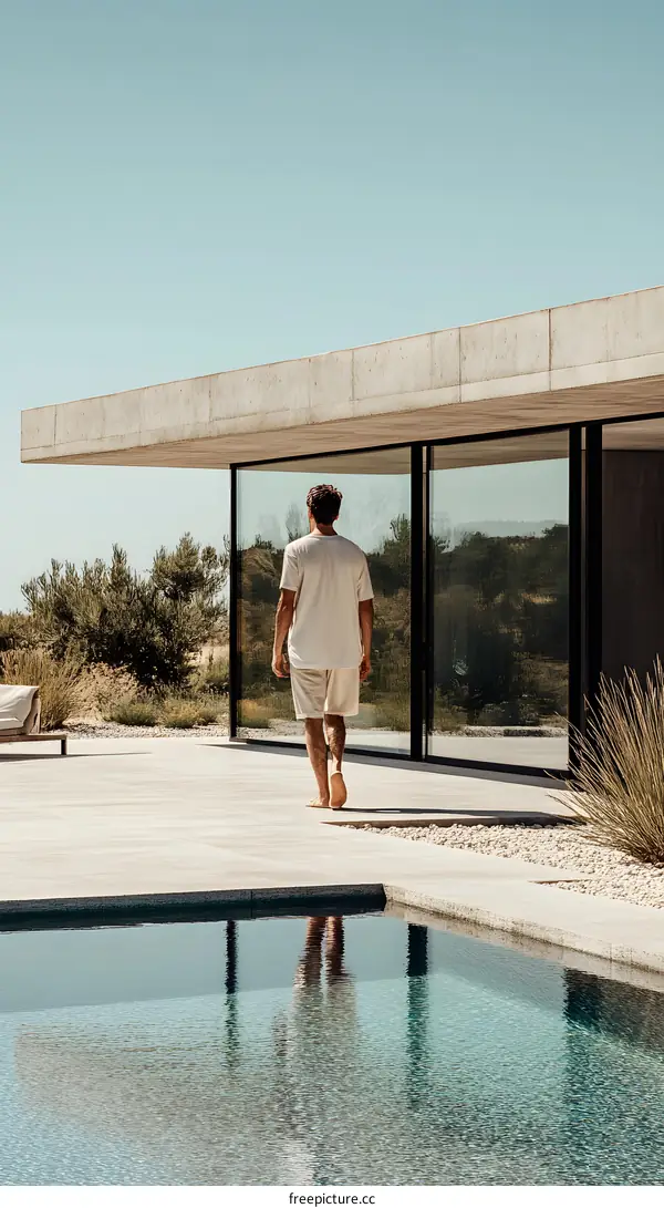 Man Walking Away From Modern Home With Pool