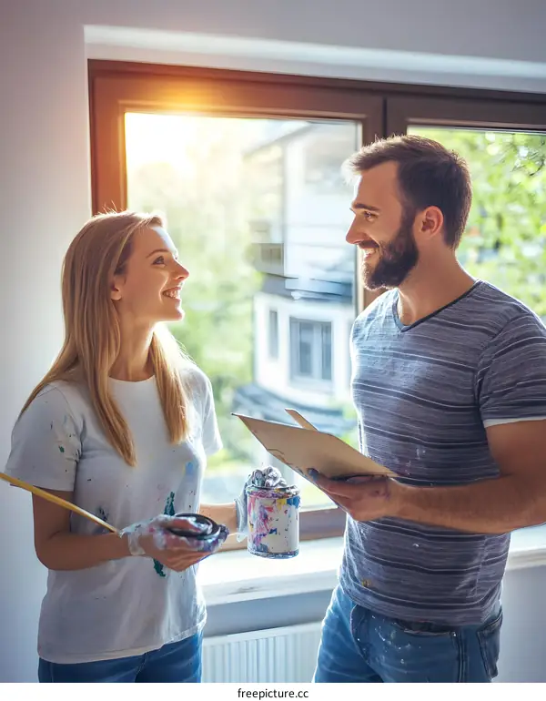 Couple Painting a Room with Paint Samples