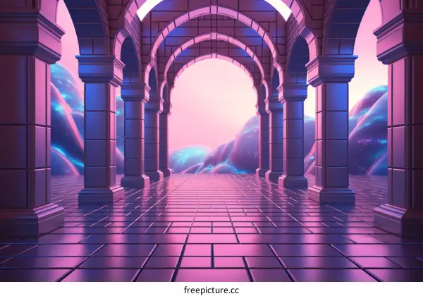 Retrofuturistic landscape with a long corridor