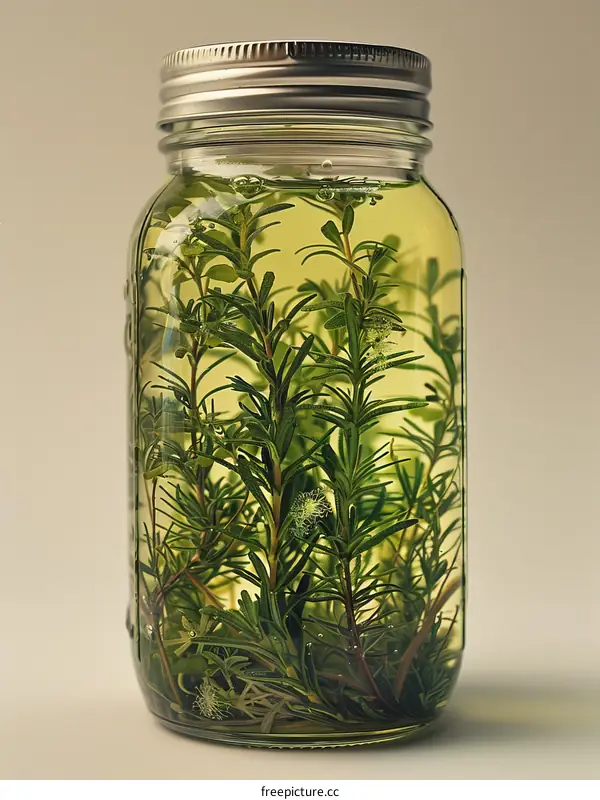 A jar of rosemary in oil