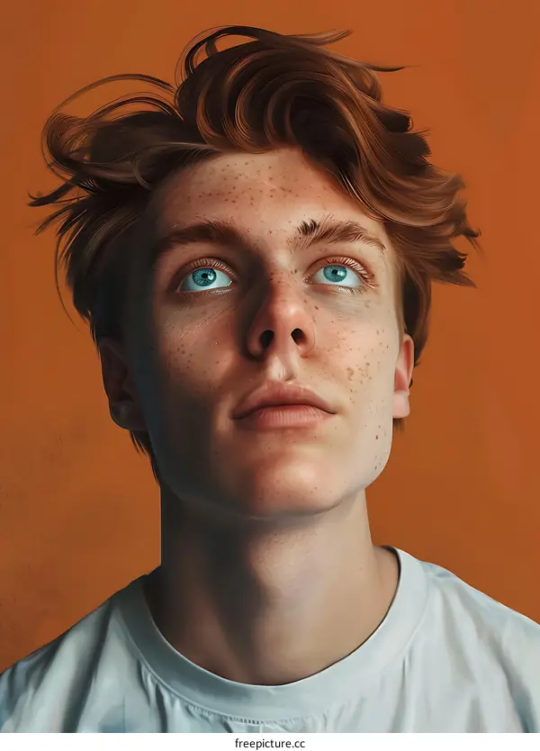 Portrait of a Young Man with Red Hair and Blue Eyes Looking Up